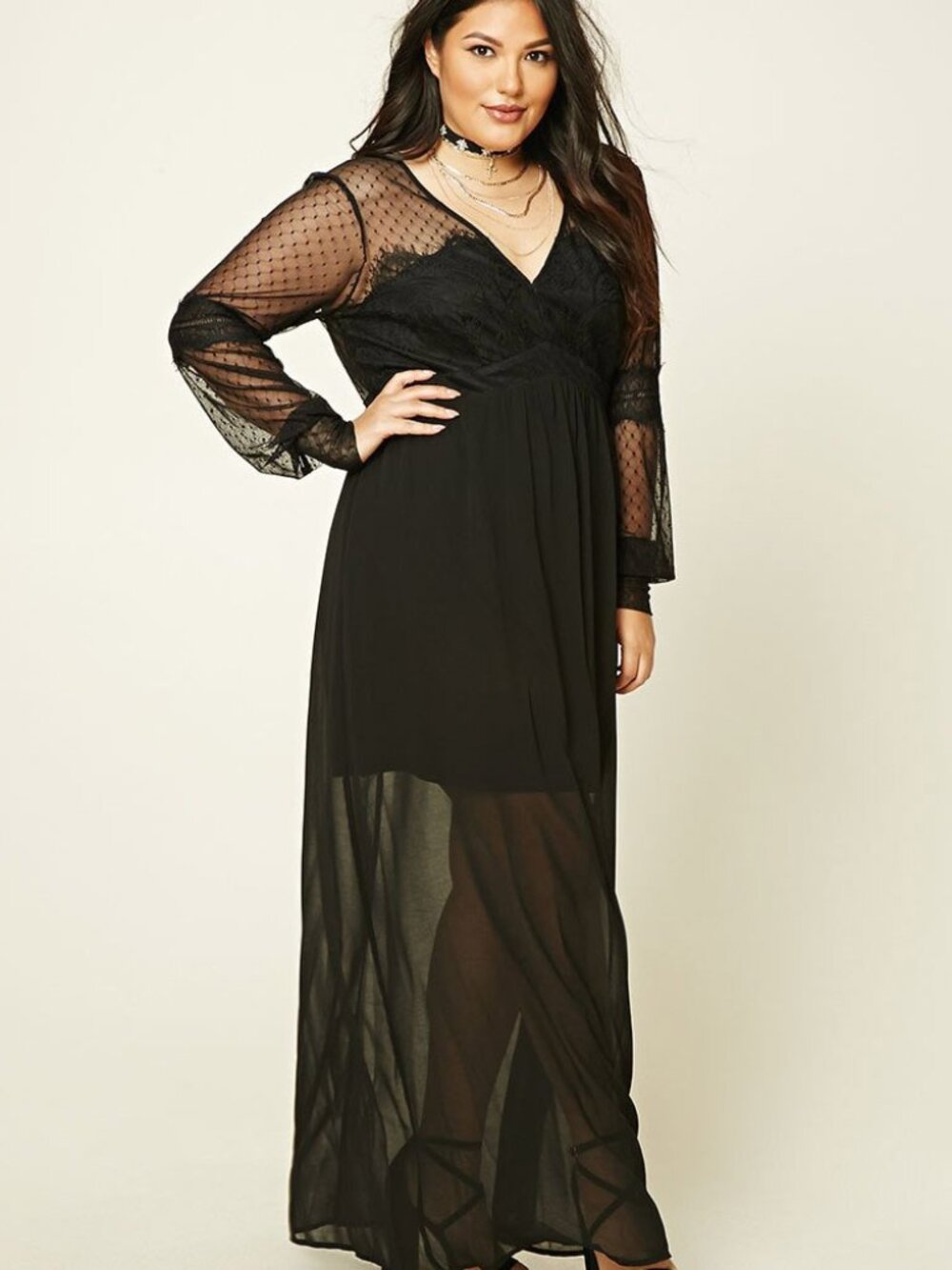 Forever 21+ Plus Size Black Polka Dots Lace Maxi Dress XL